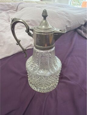 Vintage Cut Glass and Silver Plated Pitcher with Ornate Handle
